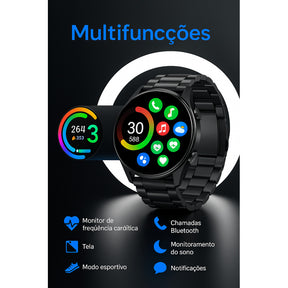Relógio 45mm Preto Esportivo Inteligente Tela Redonda Ip67