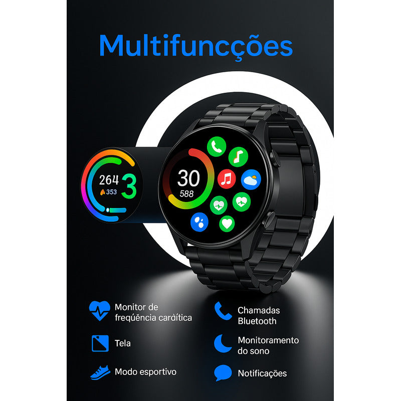 Relógio 45mm Preto Esportivo Inteligente Tela Redonda Ip67