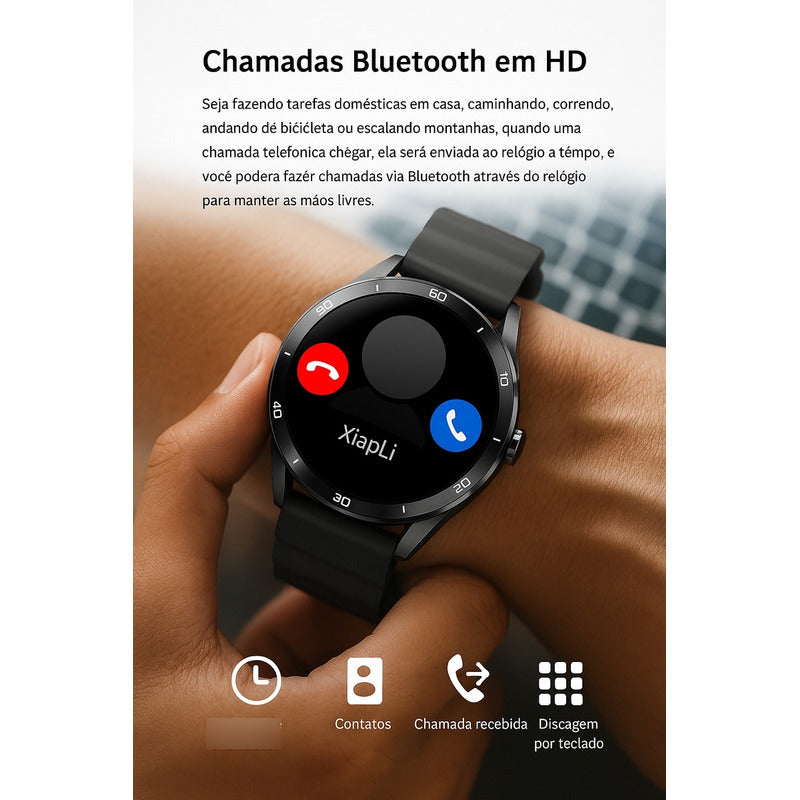 Relógio 45mm Preto Esportivo Inteligente Tela Redonda Ip67